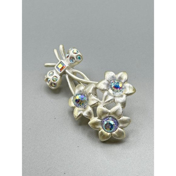 Vintage AK Flower Pin Brooch Anne Klein Matte Silver Tone & AB Crystal Stones - Picture 2 of 6